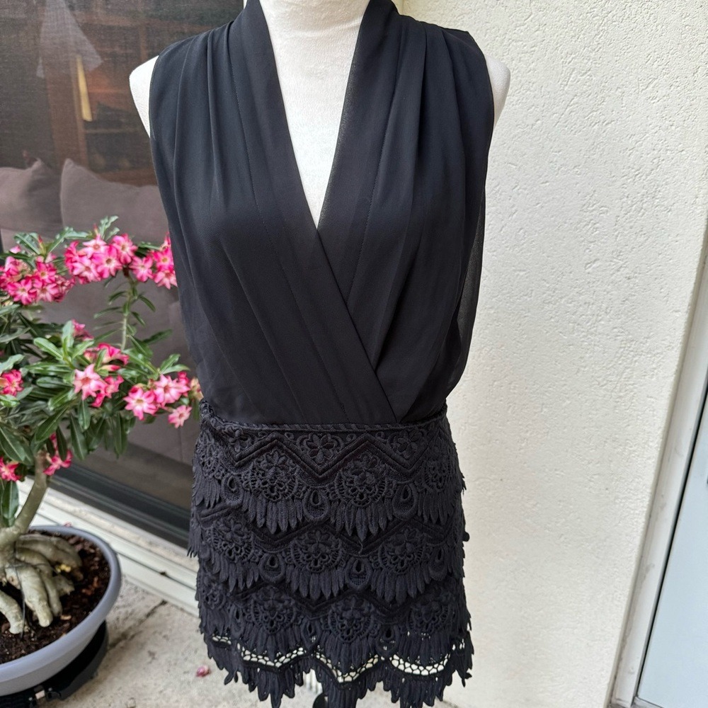 LBD. Black One Piece Mini Dress, Plain Top,  Layered, Lace Bottom.Size M…